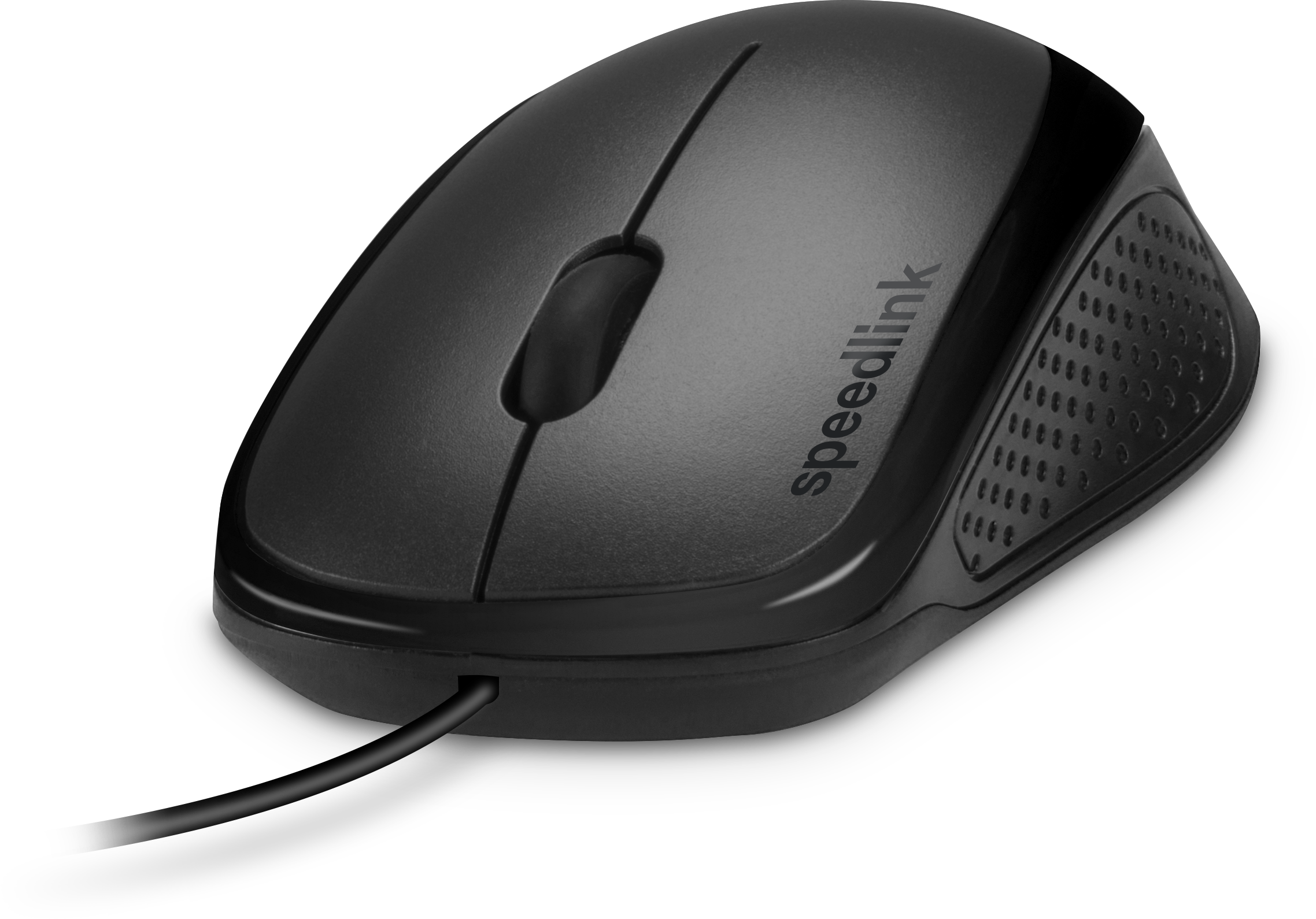 Abbildung einer schwarzen, ergonomischen kabelgebundenen Speedlink Computermaus mit seitlicher Griffstruktur