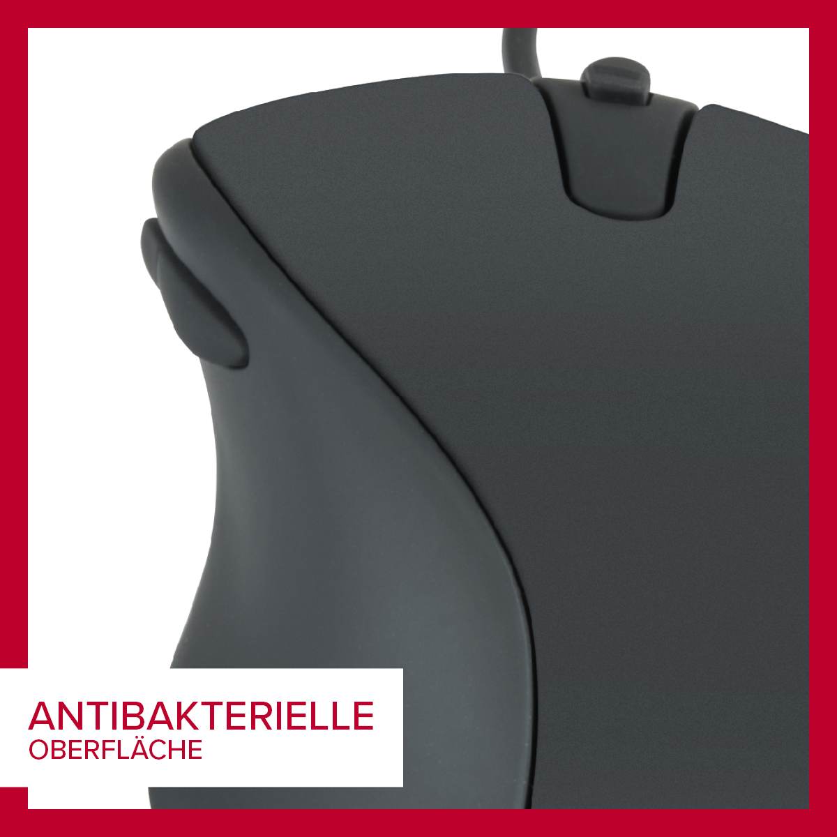 Detailaufnahme einer schwarzen Computermaus mit antibakterieller Oberfläche, ideal für hygienische Nutzung