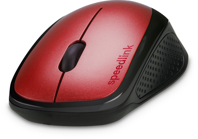 Rote kabellose Computermaus von Speedlink mit ergonomischer Form und gummierter Seitenfläche