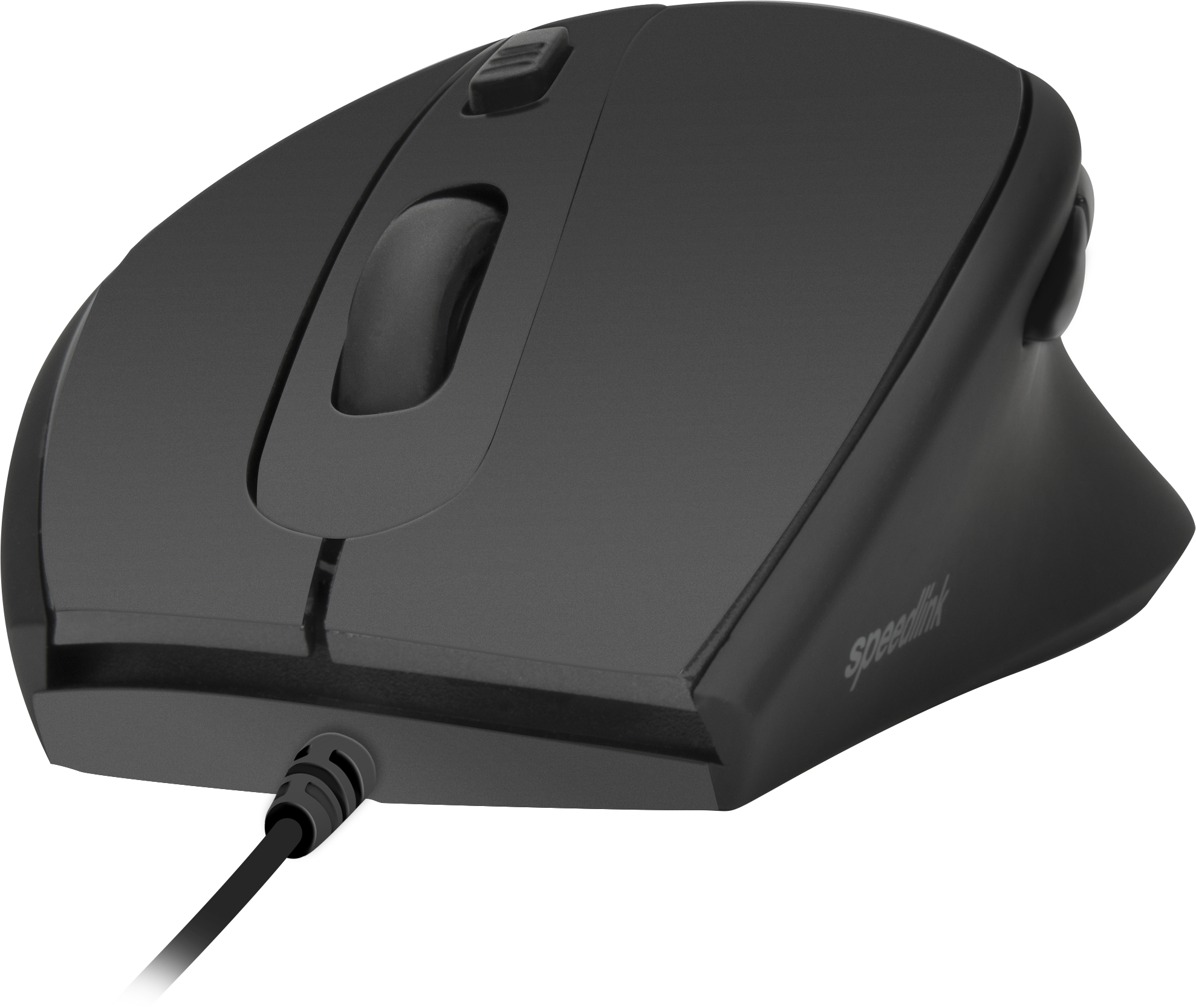 Abbildung einer schwarzen Speedlink USB-Maus mit ergonomischem Design, Scrollrad und weiteren Funktionstasten