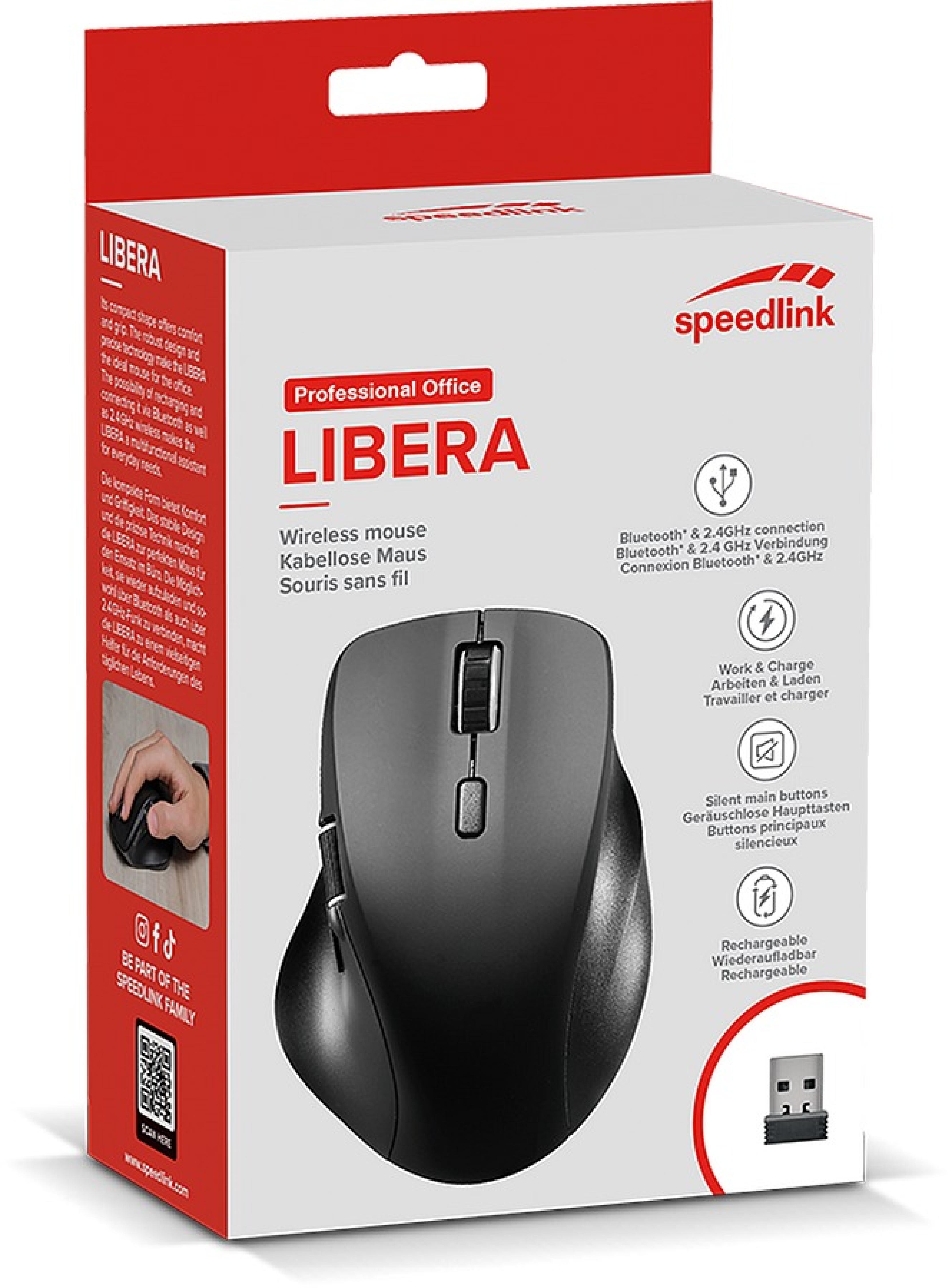 LIBERA Wiederaufladbare Maus, kabellos, Bluetooth, leise, gummiert-schwarz