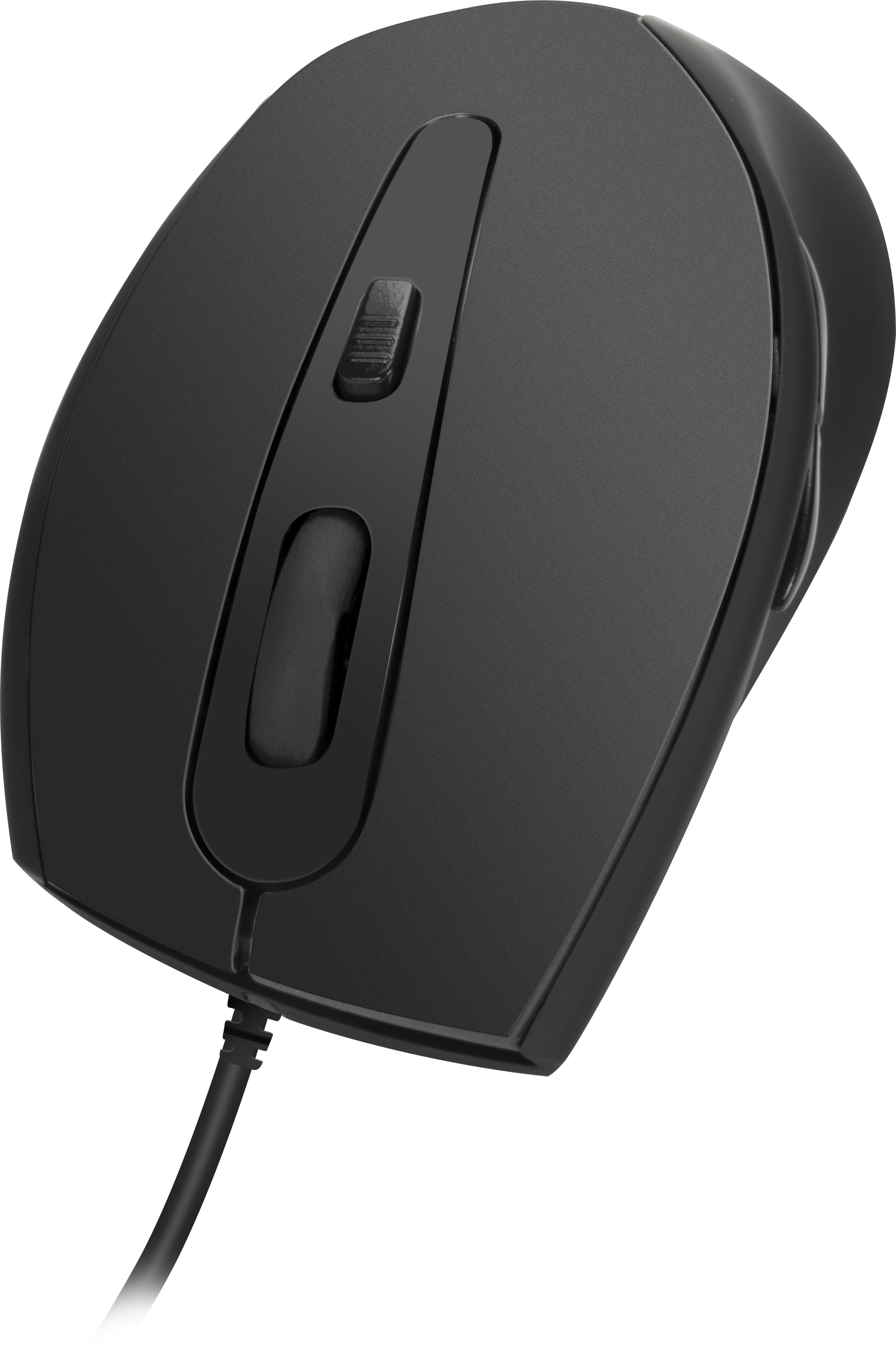 Schwarze kabelgebundene Computermaus mit ergonomischem Design und Scrollrad