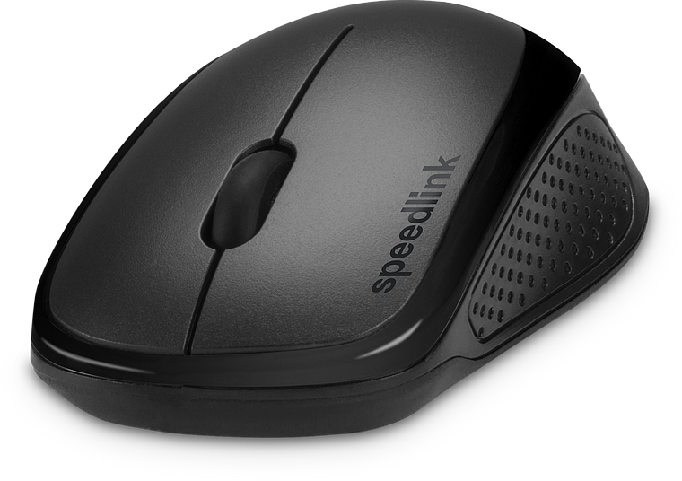 Abgebildet ist eine schwarze kabellose Computermaus von Speedlink mit ergonomisch geformter Seitengrifffläche.