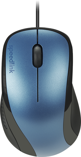 Obenansicht einer blauen kabelgebundenen Computermaus von Speedlink mit schwarzer Umrandung