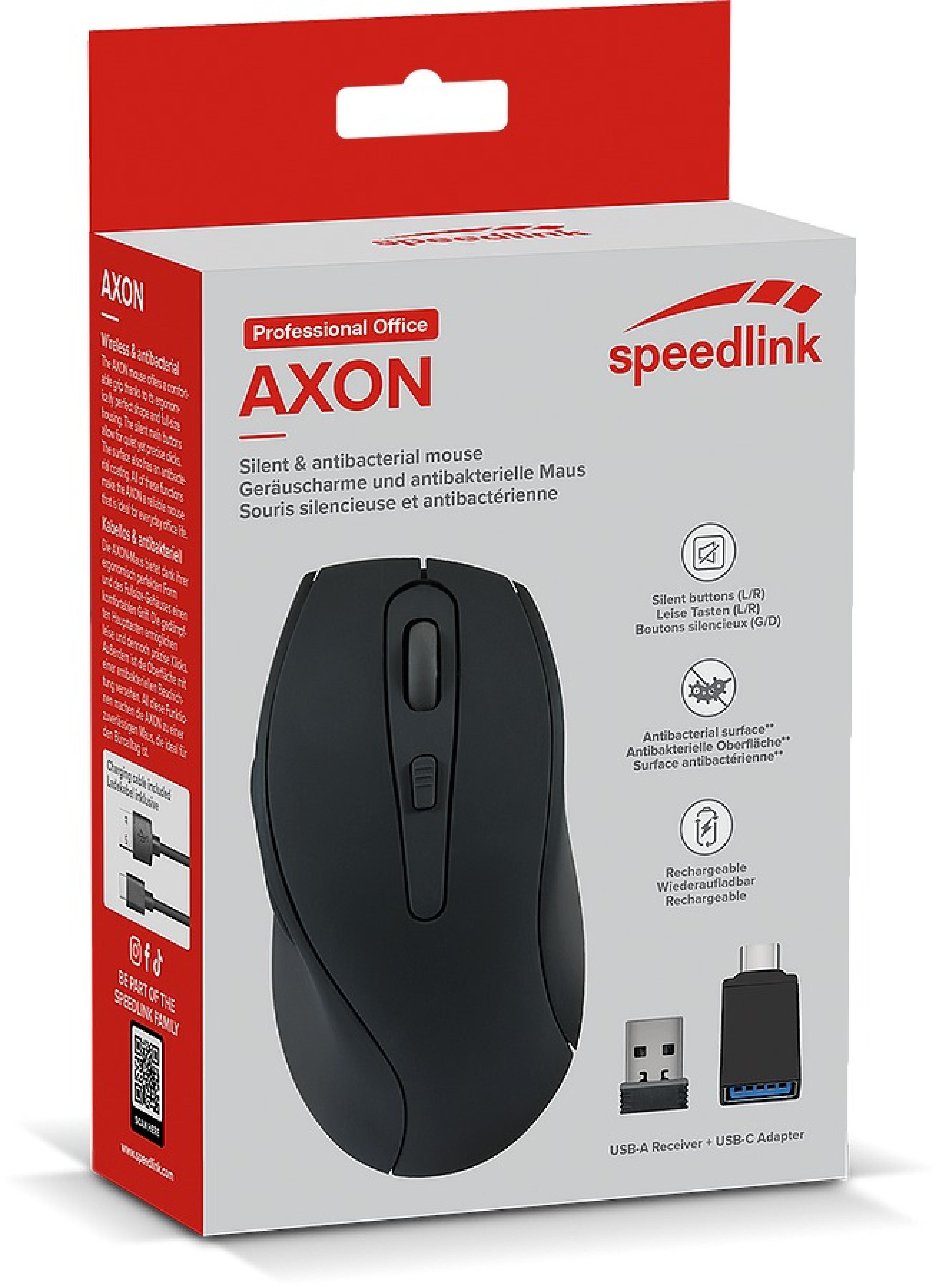 AXON Geräuscharme & Antibakterielle Wiederaufladbare Maus - Kabellos, USB-A/-C, rubber-schwarz