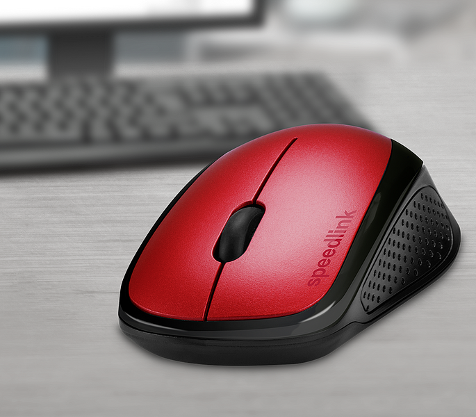 Rote Speedlink Funkmaus mit schwarzem Rand und gummierter Seitenfläche, auf Schreibtisch vor Tastatur und Monitor