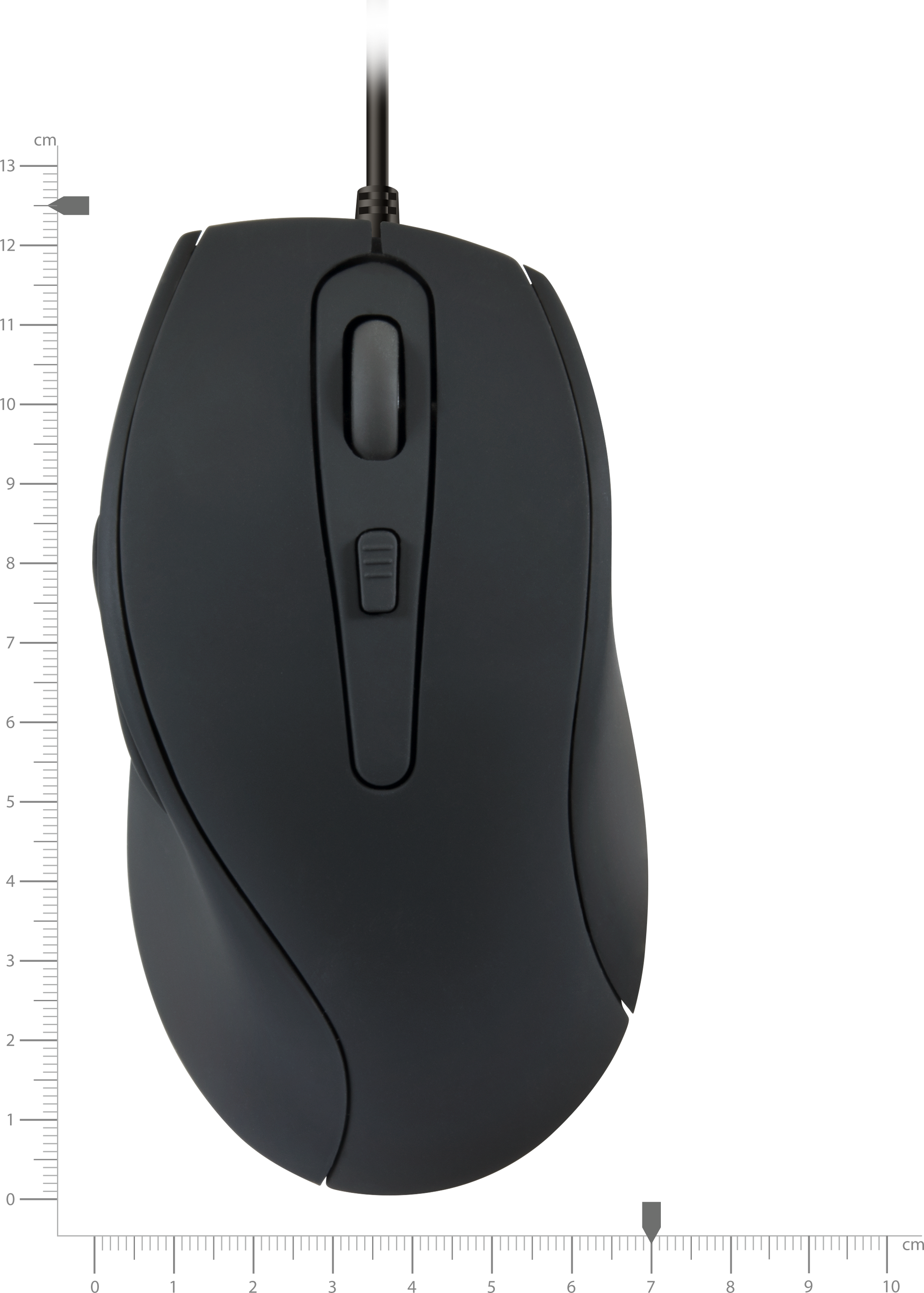 Schwarze kabelgebundene Computermaus mit ergonomischem Design, von oben gezeigt, daneben ein Maßstab in Zentimetern