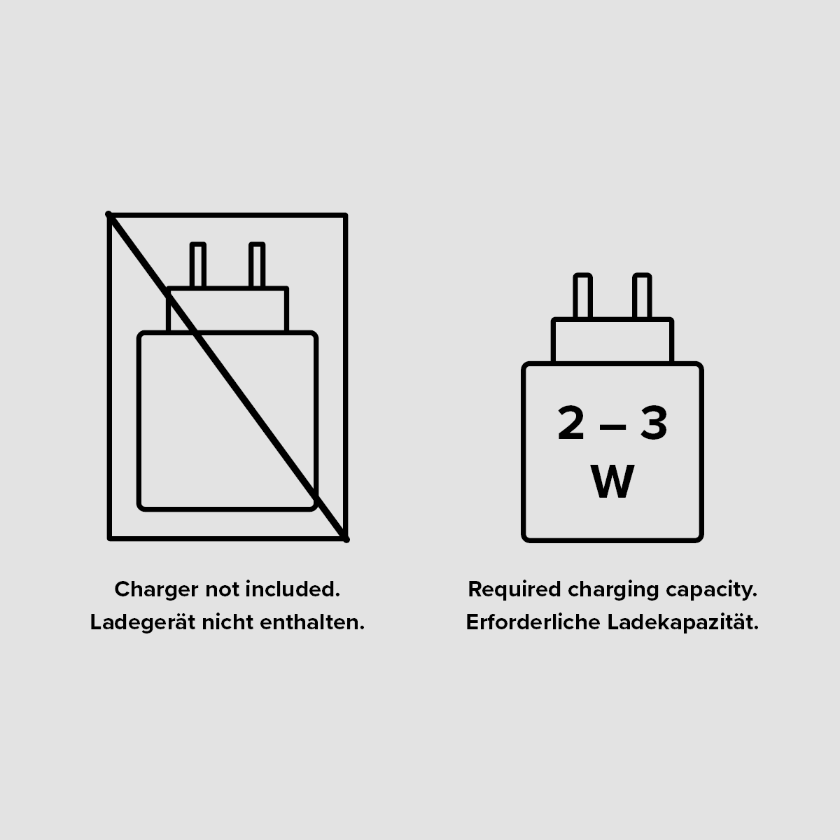Abbildung zeigt, dass das Ladegerät nicht enthalten ist und eine Ladekapazität von 2 bis 3 Watt benötigt wird.