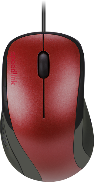 Obenansicht einer roten und schwarzen Speedlink Computermaus mit Kabel und ergonomischem Design