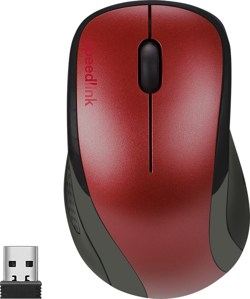 Rote kabellose Computermaus von Speedlink mit schwarzem Scrollrad und passendem USB-Empfänger