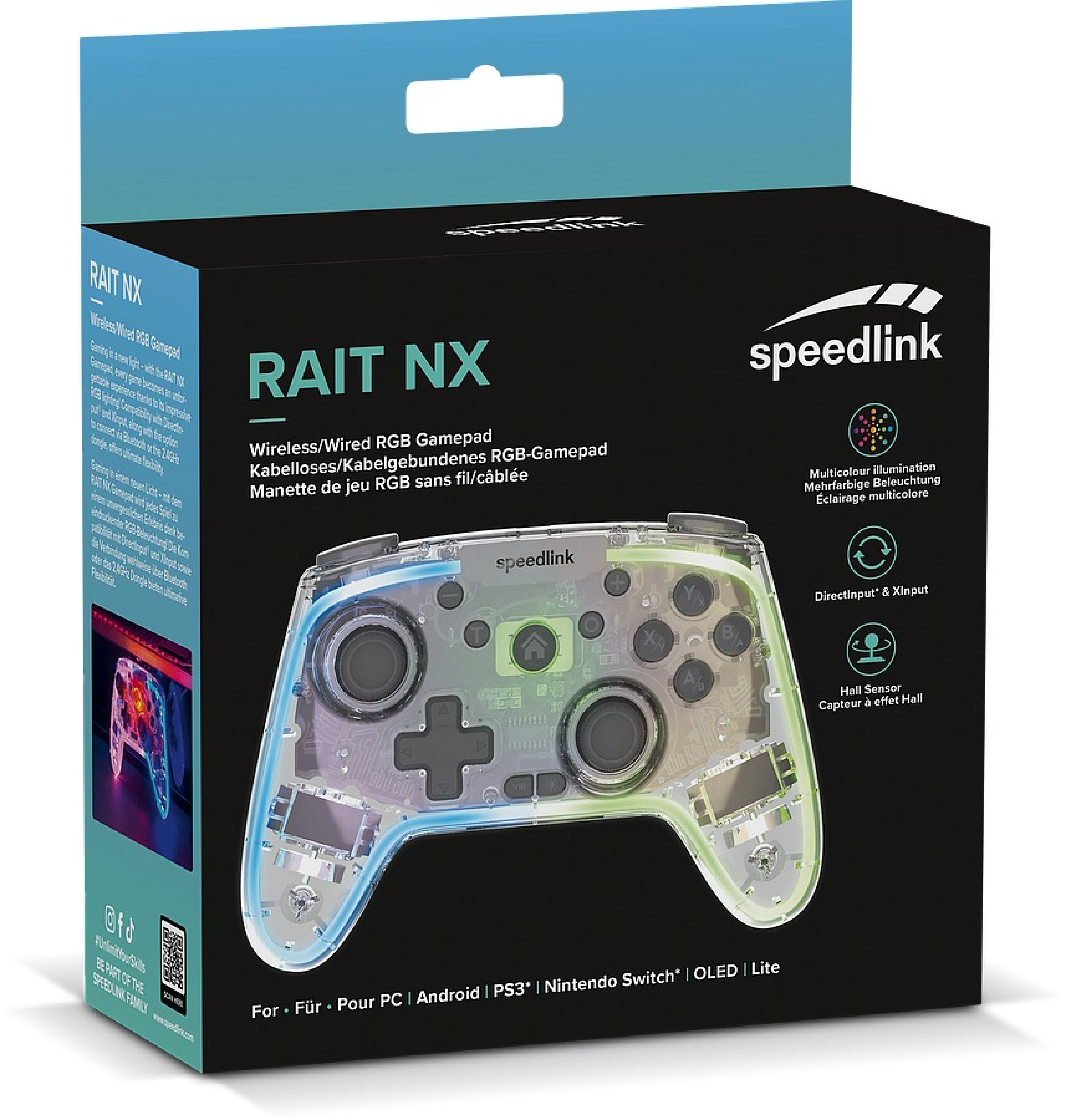 RAIT NX RGB Gamepad - kabellos/kabelgebunden - für PC/ Android/Switch OLED/Lite, klar transparent