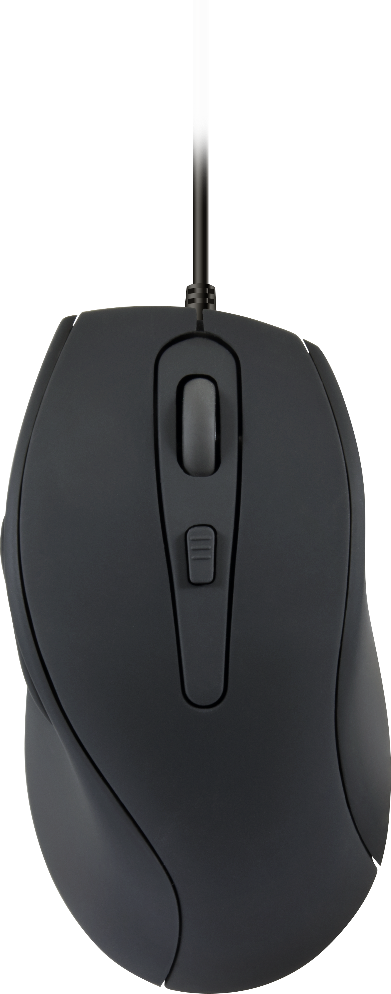 Schwarze kabelgebundene Computermouse mit ergonomischem Design und Scrollrad, von oben fotografiert