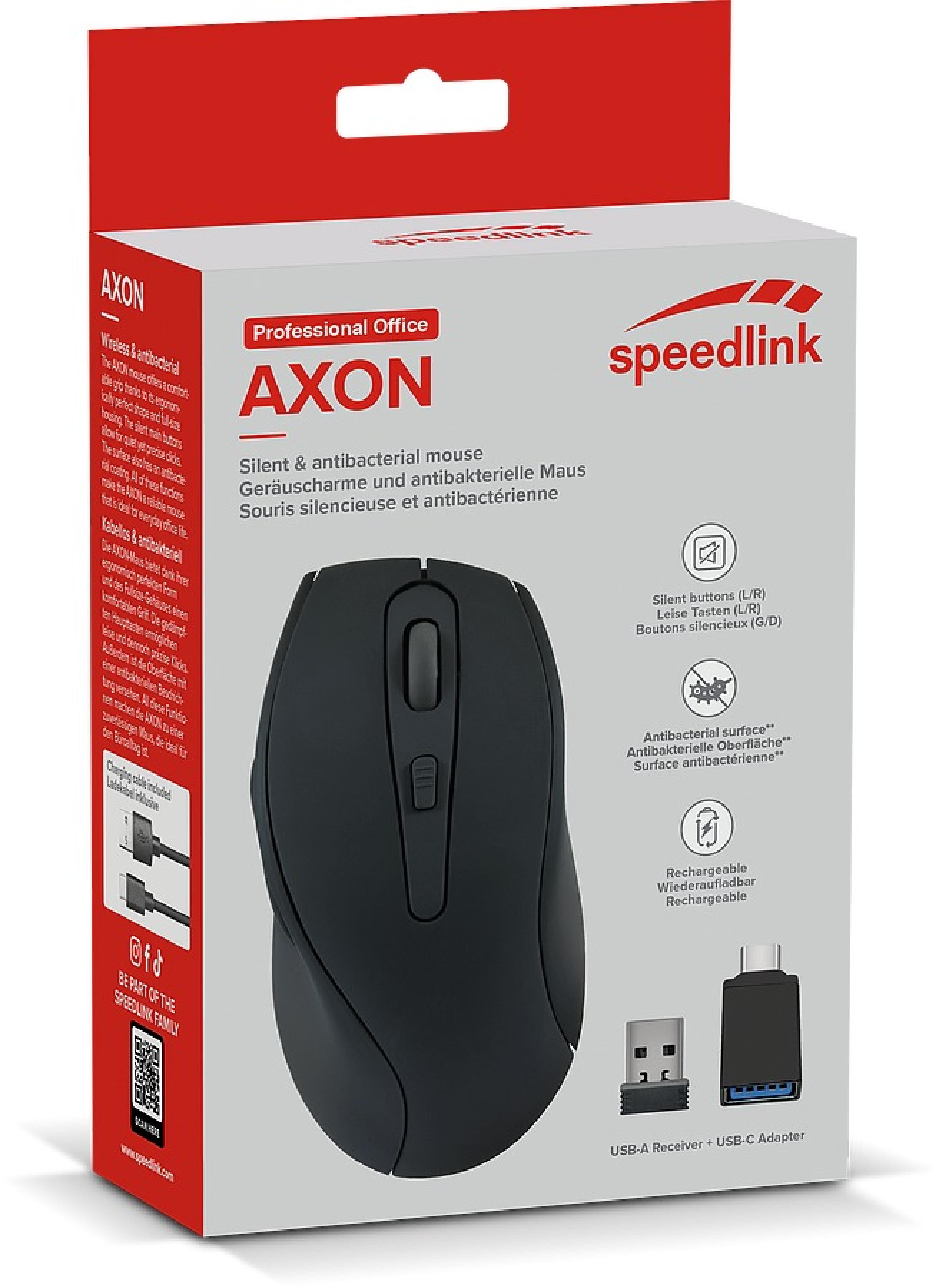 AXON Geräuscharme & Antibakterielle Wiederaufladbare Maus - Kabellos, USB-A/-C, rubber-schwarz