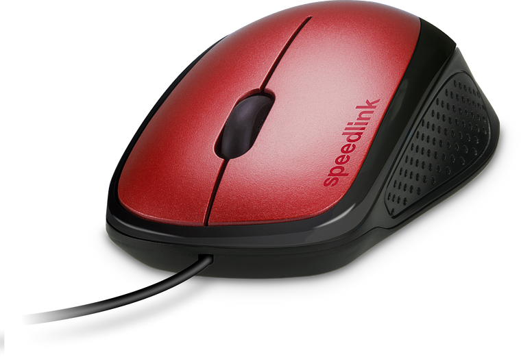 Rote kabelgebundene Computermaus von SPEEDLINK mit ergonomischer Form und schwarzem Seitenbereich