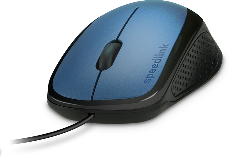 Blau-schwarze kabelgebundene Speedlink-Computermaus mit ergonomischer Form und seitlicher Grifffläche